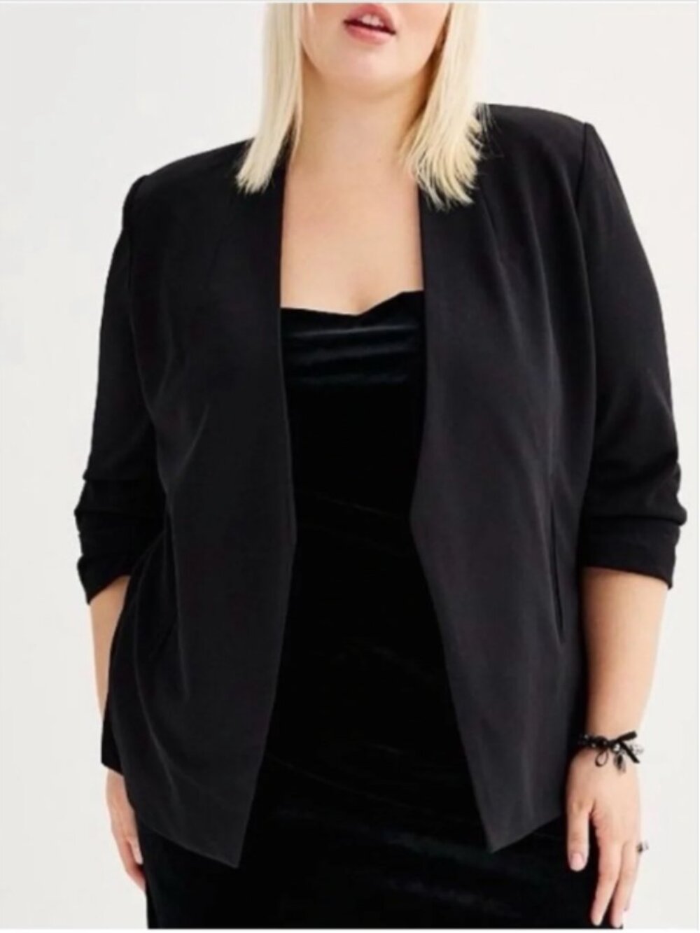 Premise | Black Open-Front Ruched 3/4-Sleeve Business Casual Blazer Size Medium